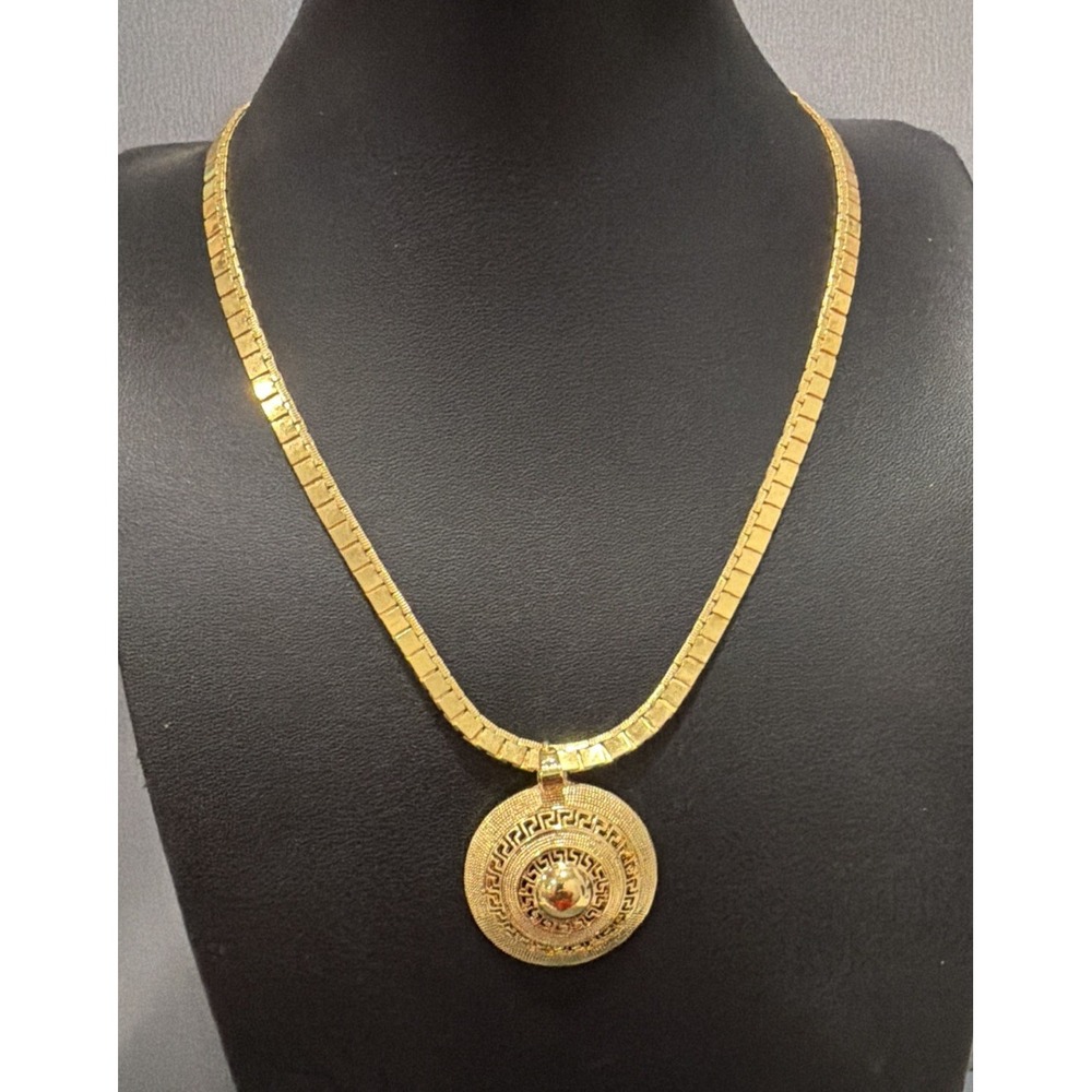 Gold Tone Greek Key Medallion Pendant Necklace Flat Omega Chain 20" Statement